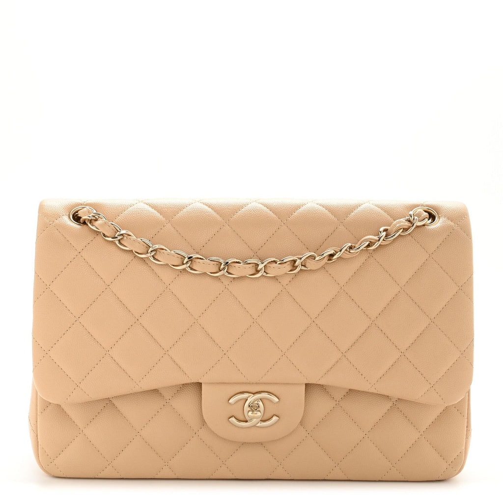 Caviar Quilted Jumbo Double Flap Beige