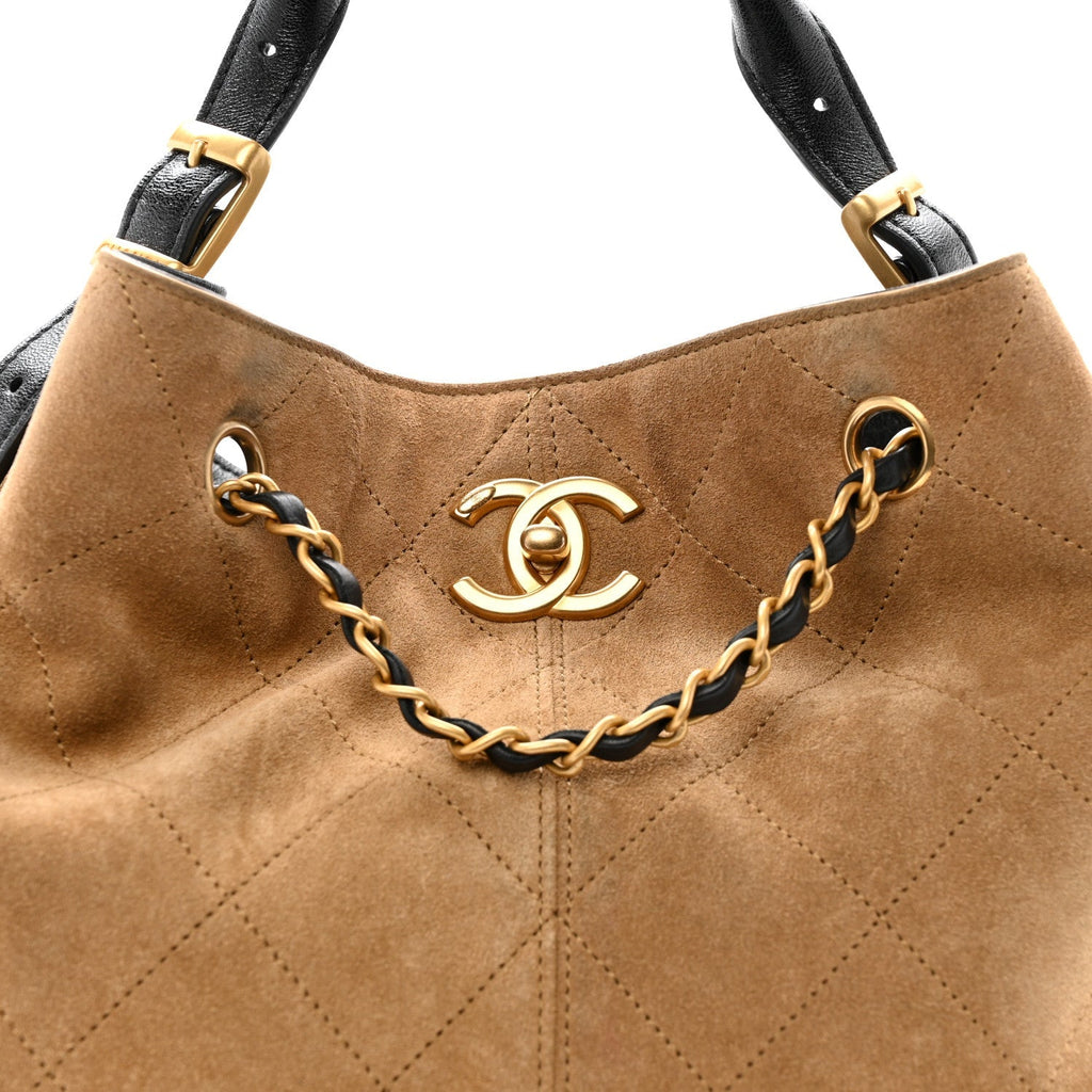 Suede Calfskin Shiny Lambskin Quilted Coco Base Shopping Bag Beige Black