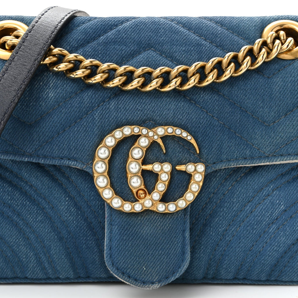 Denim Matelasse Mini Pearly GG Marmont Shoulder Bag Blue