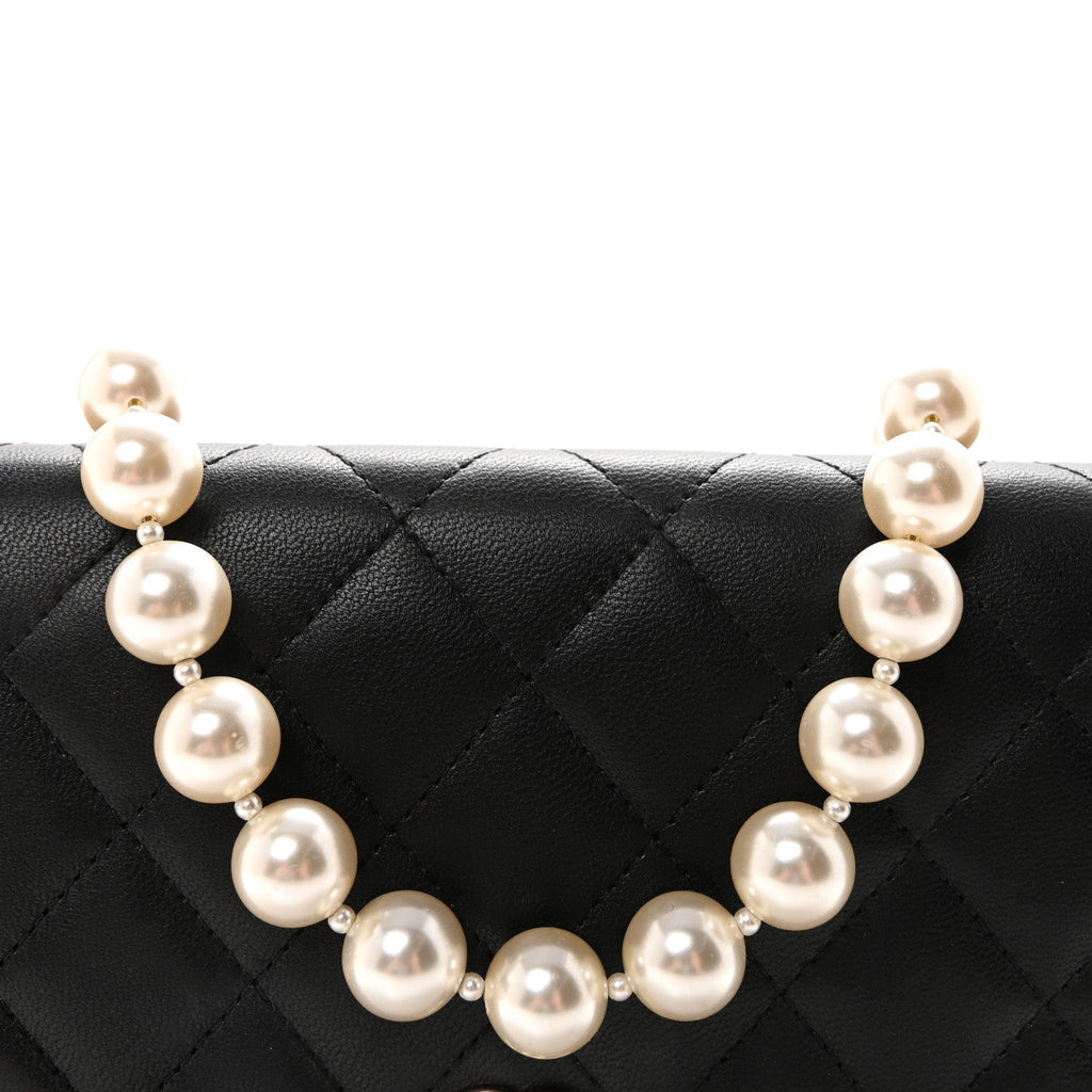 Lambskin Quilted Pearl Wallet On Chain WOC Black