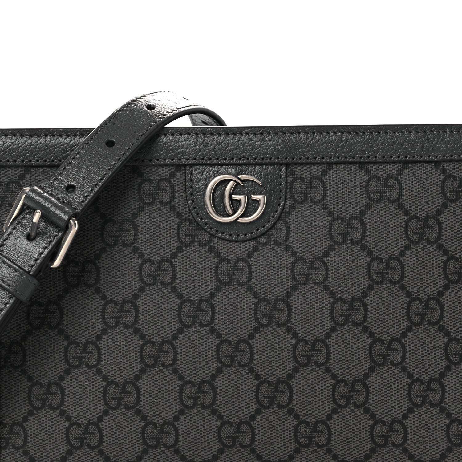 GG Supreme Monogram Textured Dollar Calfskin Web Small Ophidia Shoulder Bag Grey Black Graphite Grey