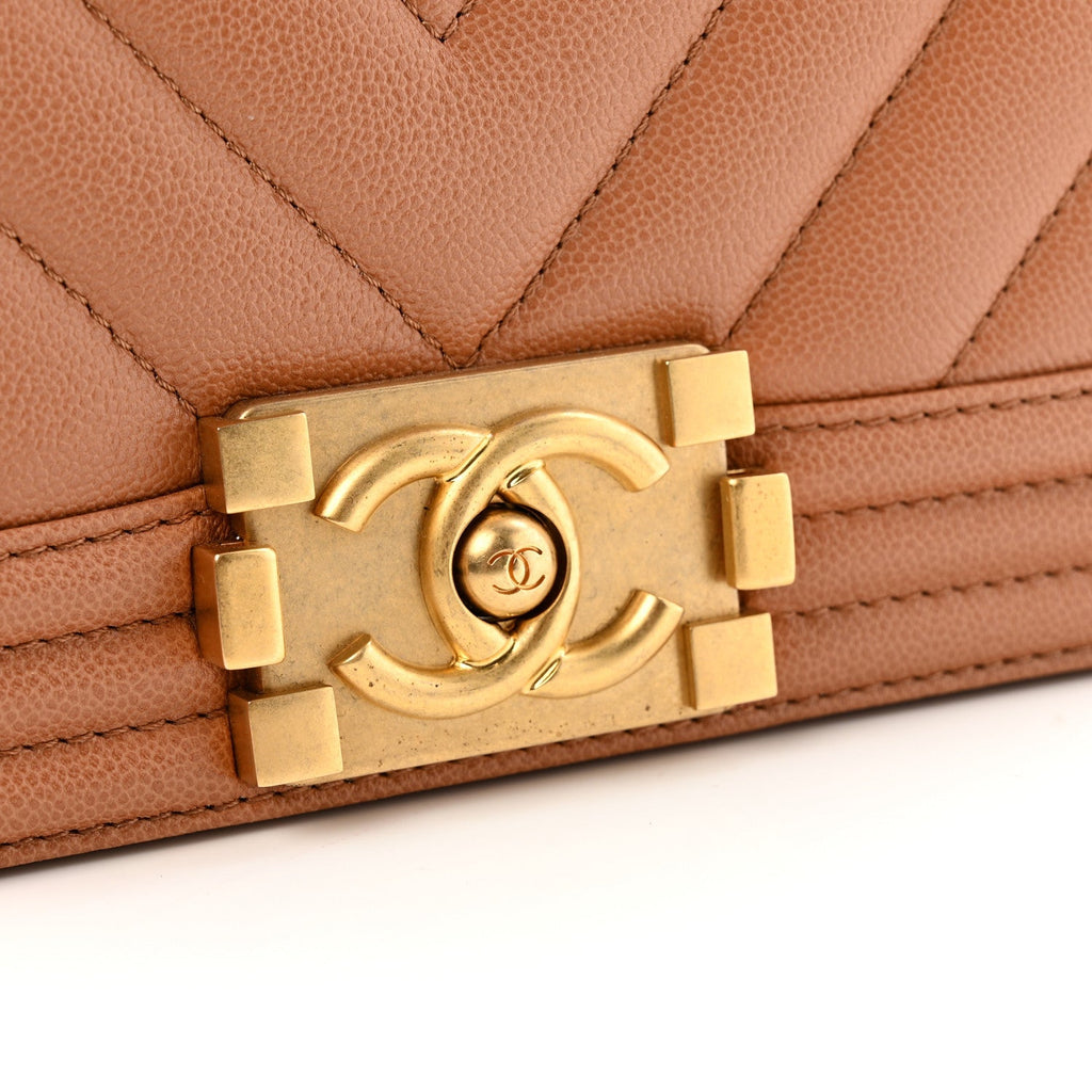 Caviar Chevron Quilted Small Boy Flap Brown