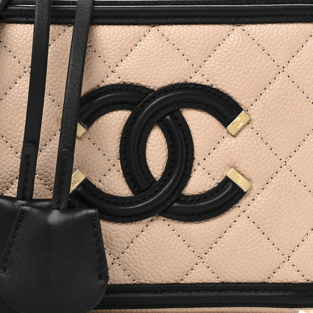 Caviar Quilted Small CC Filigree Vanity Case Beige Black