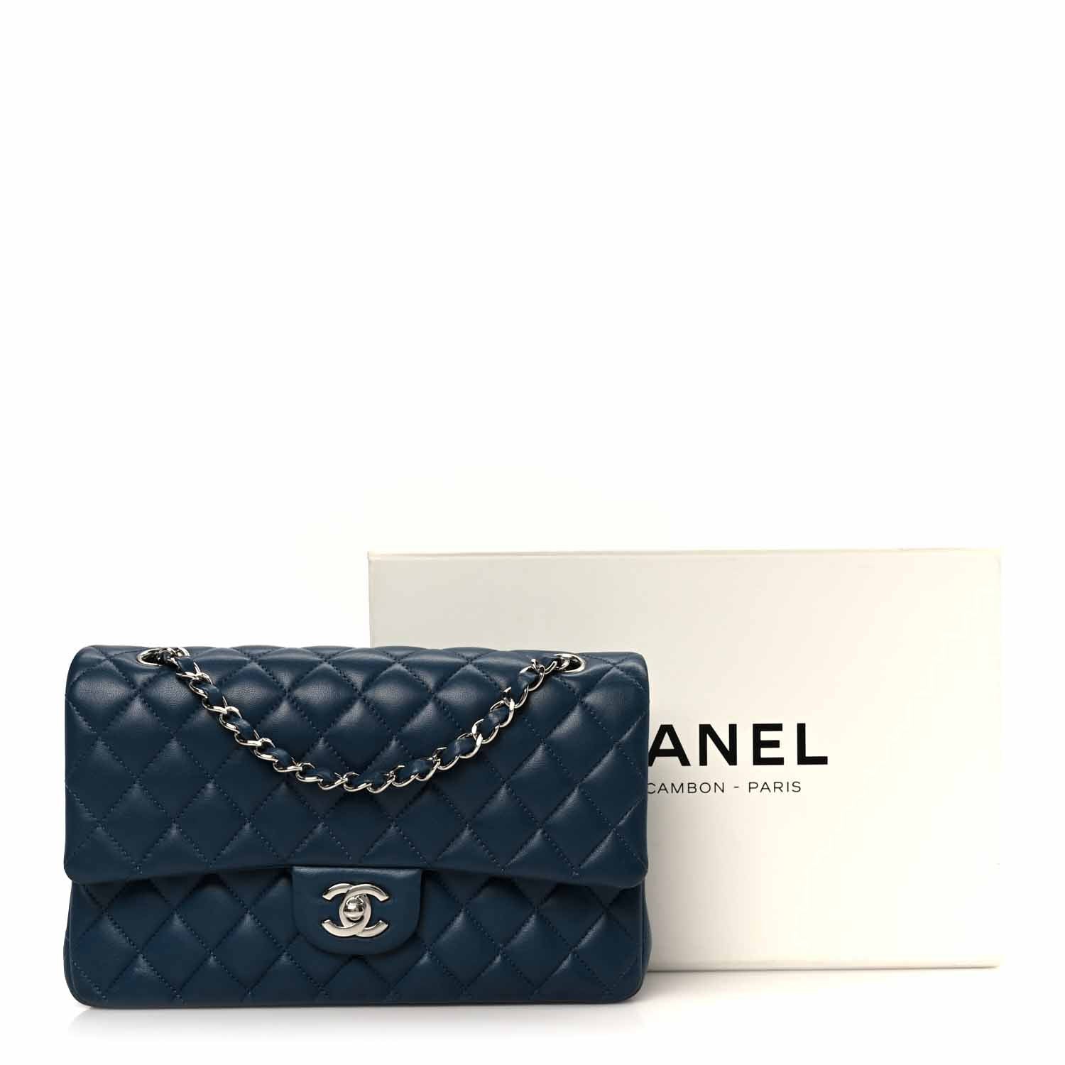 Lambskin Quilted Medium Double Flap Navy