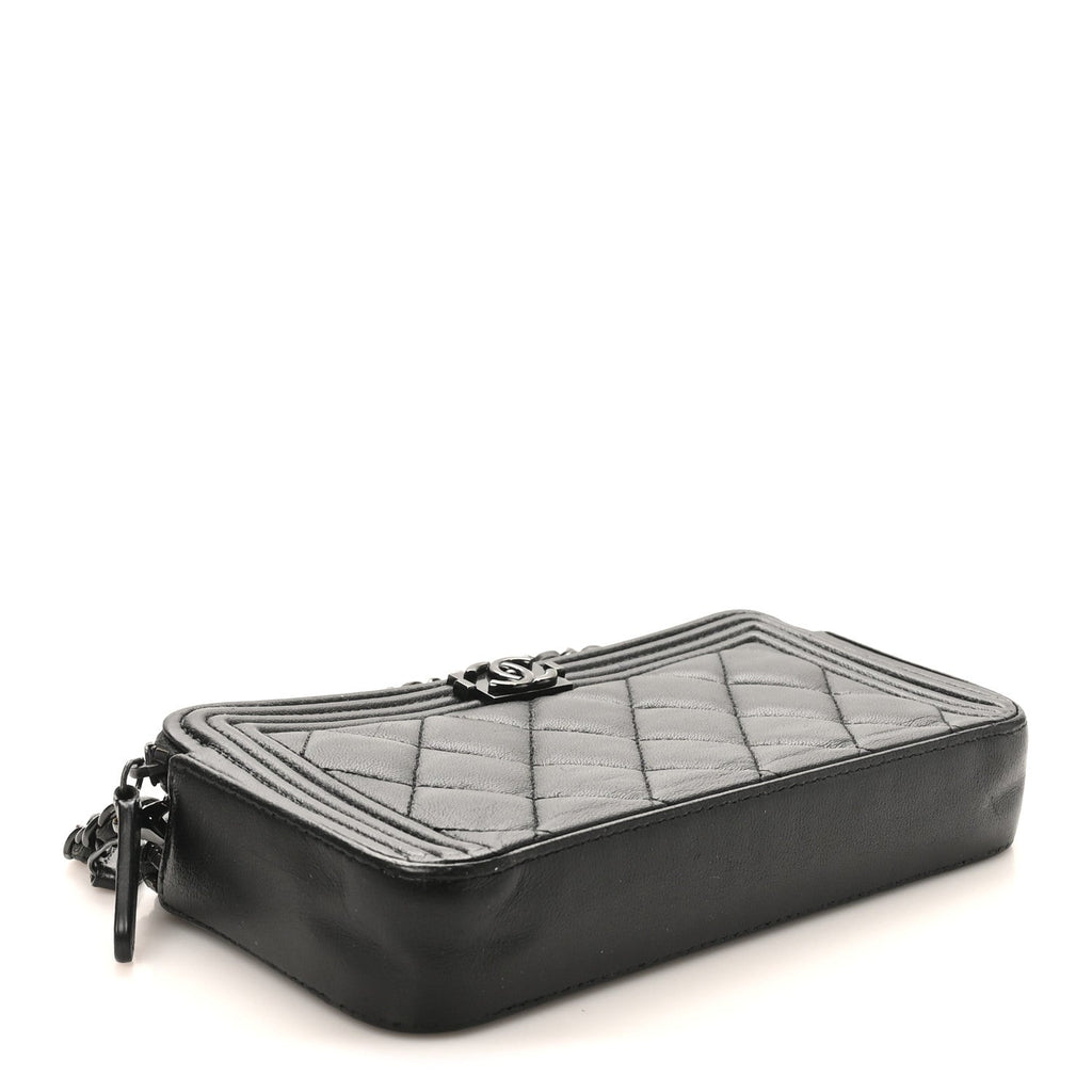 Lambskin Quilted Small Boy Clutch With Chain So Black