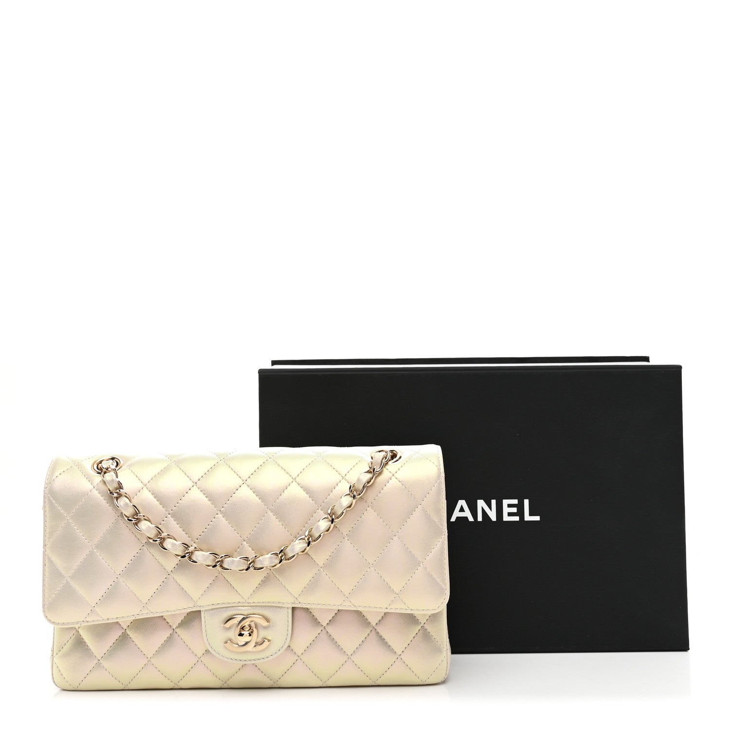 Iridescent Lambskin Quilted Medium Double Flap Ivory