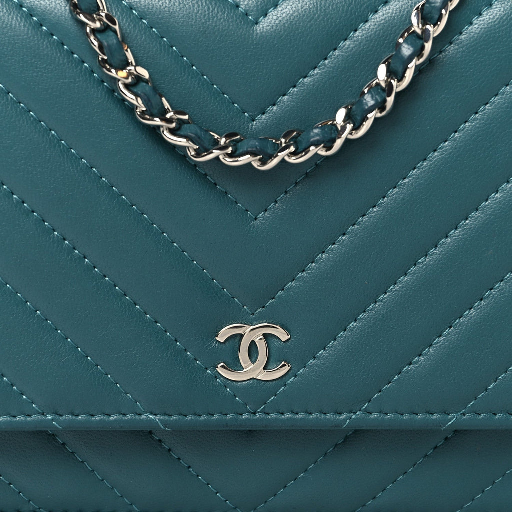 Lambskin Chevron Quilted Wallet On Chain WOC Turquoise
