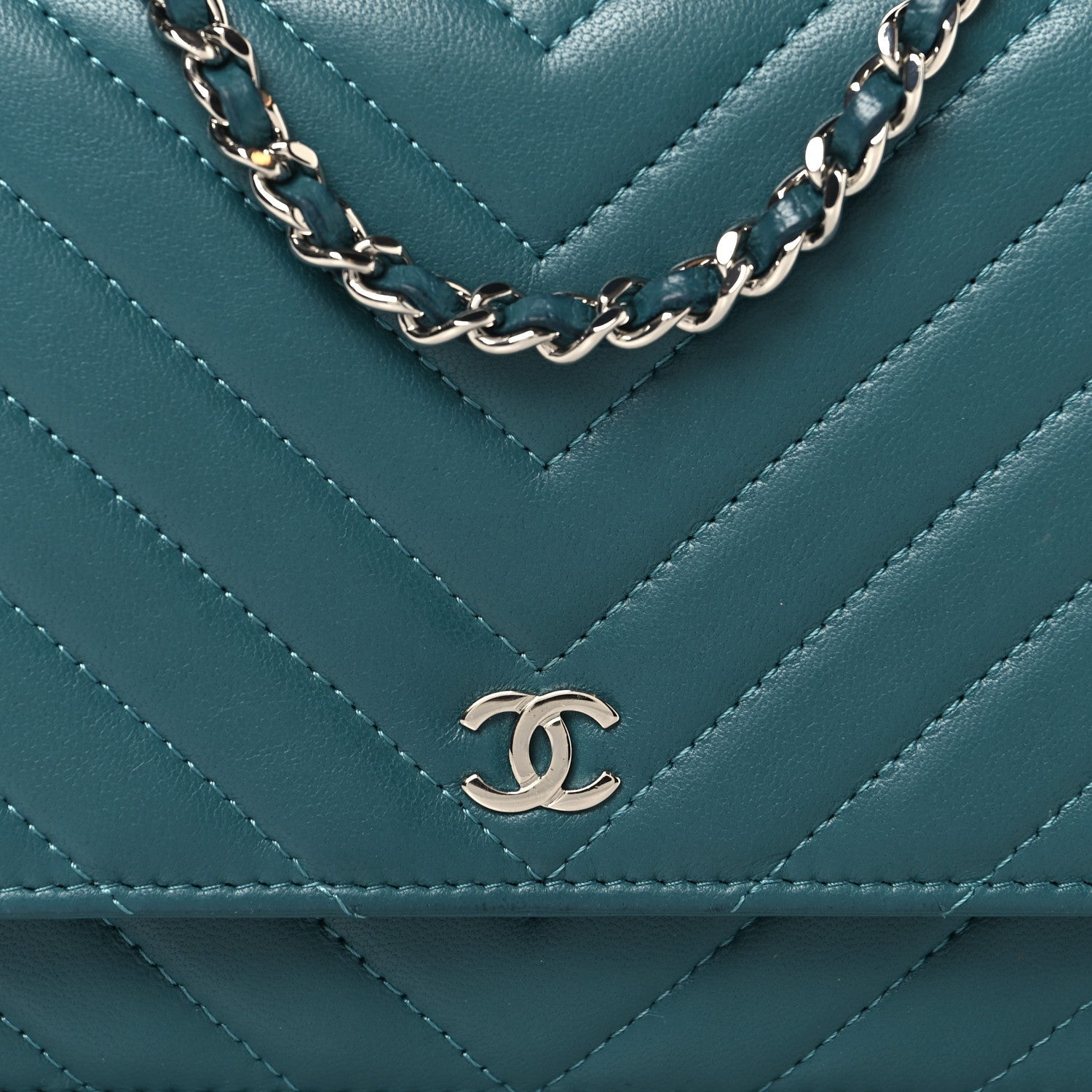 Lambskin Chevron Quilted Wallet On Chain WOC Turquoise