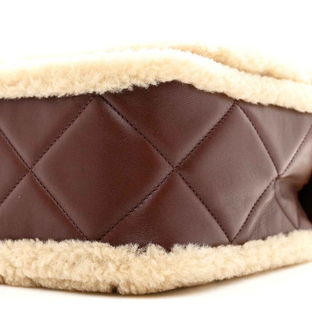Shearling Lambskin Quilted Large Furry Coco Flap Dark Brown Beige