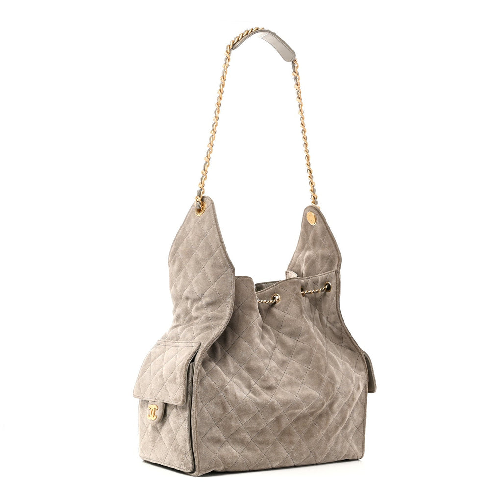 Suede Quilted Medium Chanel 25 Handbag Grey