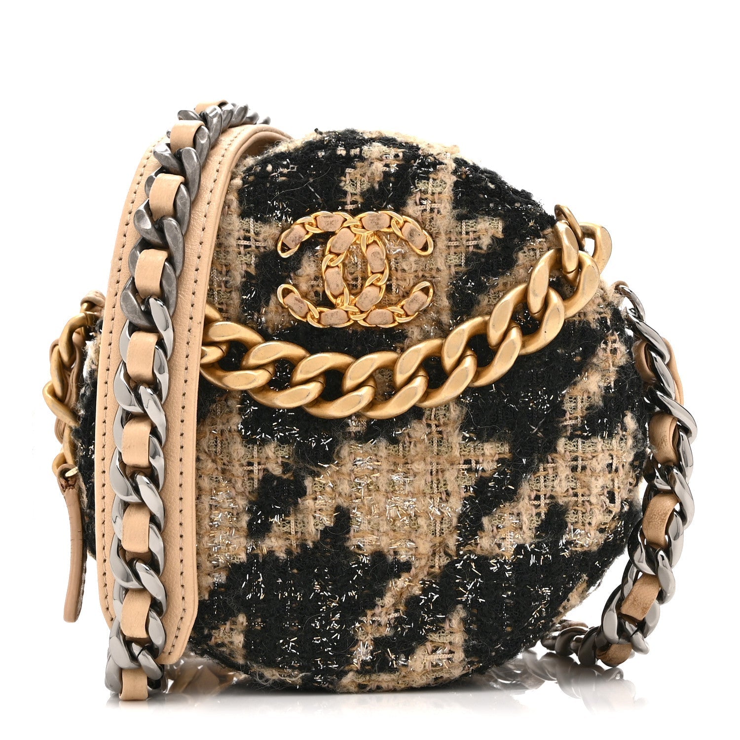 Wool Tweed Lambskin Quilted Chanel 19 Round Clutch With Chain and Coin Purse Beige Black