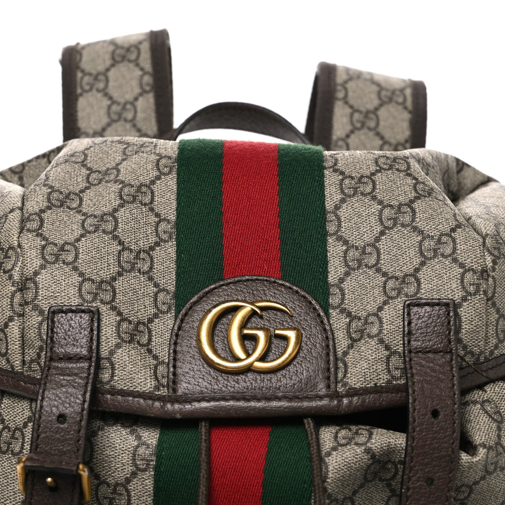 GG Supreme Monogram Medium Ophidia Double Buckle Backpack Brown