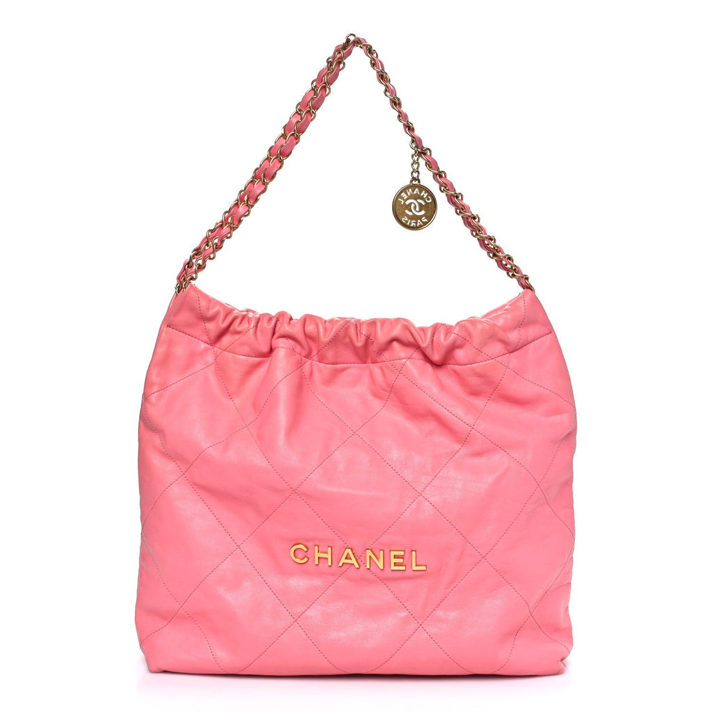 Shiny Calfskin Quilted Chanel 22 Drawstring Bag Coral Pink