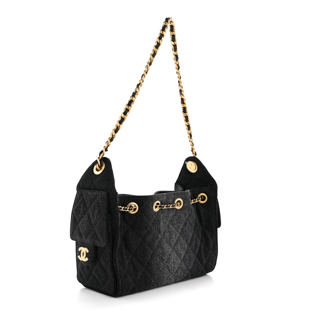 Washed Denim Quilted Mini Chanel 25 Handbag Black
