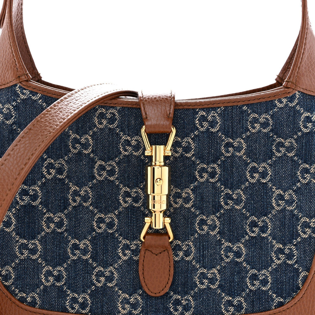 New Denim GG Monogram Calfskin Small Jackie 1961 Hobo Blue Tea Cuir