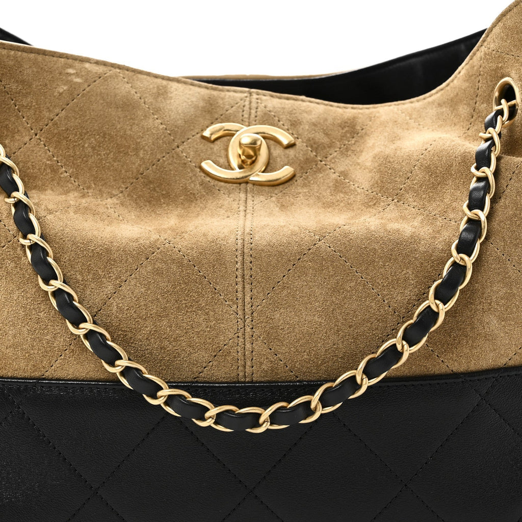 Suede Calfskin Shiny Lambskin Quilted Small Coco Base Shopping Bag Beige Black