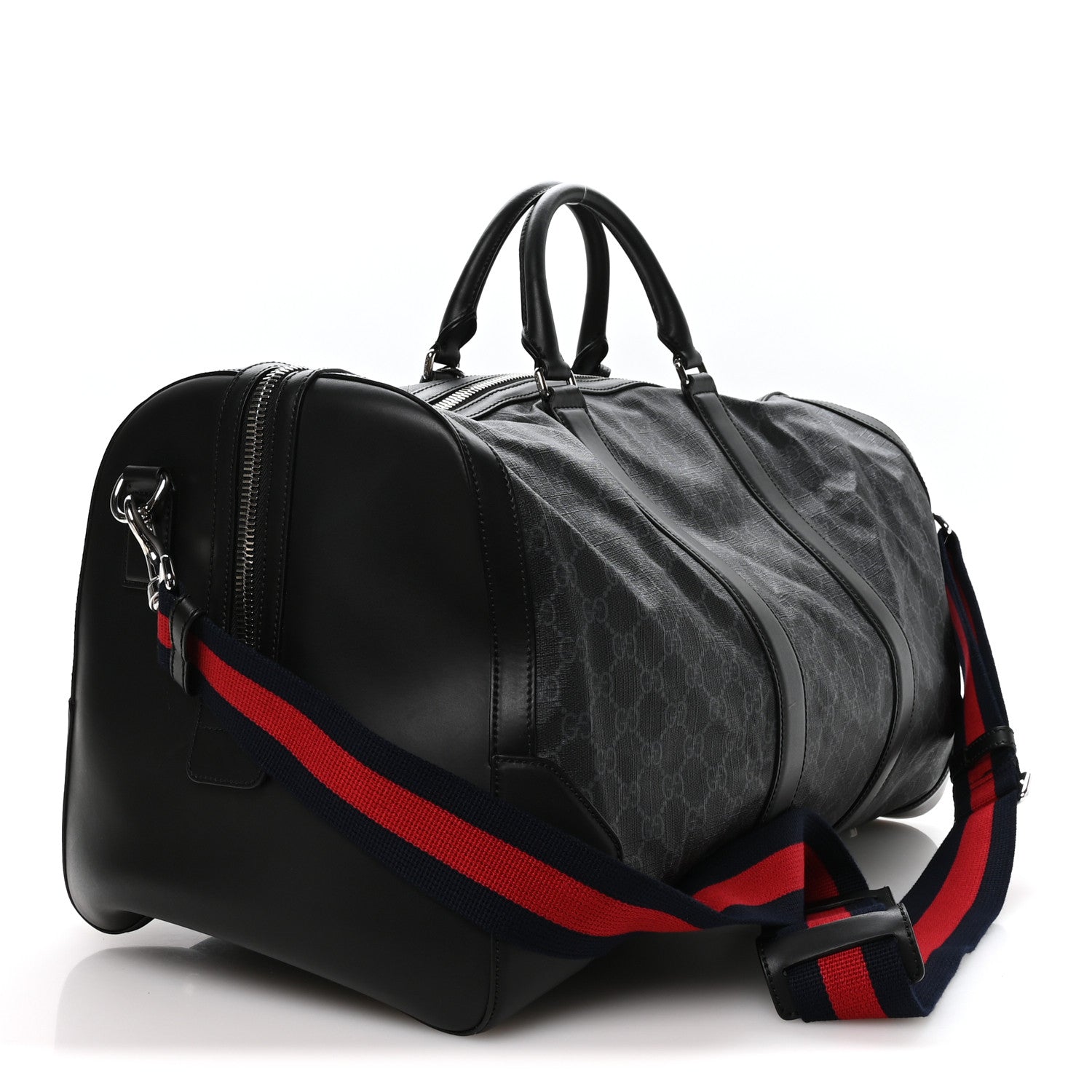 Soft GG Supreme Monogram Appia Calfskin Web Large Carry On Duffle Bag Black Grey