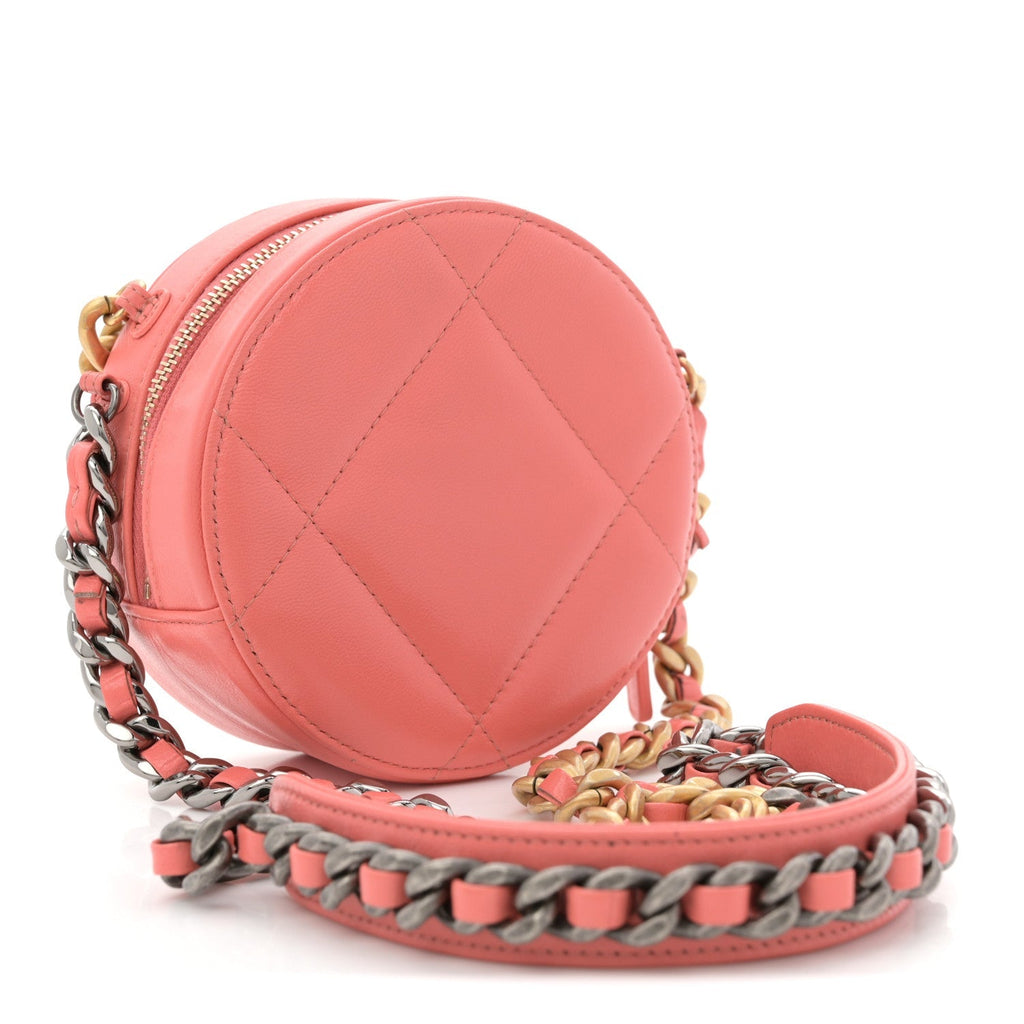 Lambskin Quilted Chanel 19 Round Clutch With Chain Pink