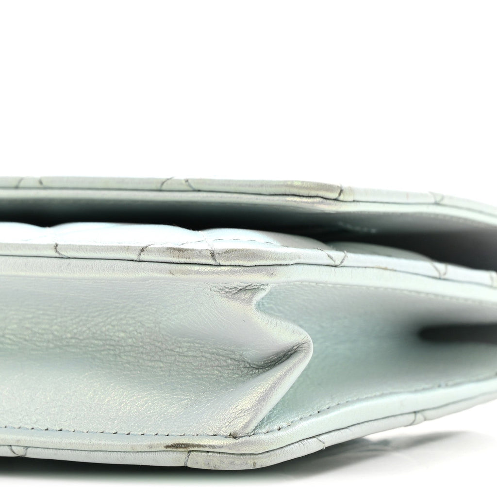 Iridescent Calfskin Quilted Wallet On Chain WOC Light Blue