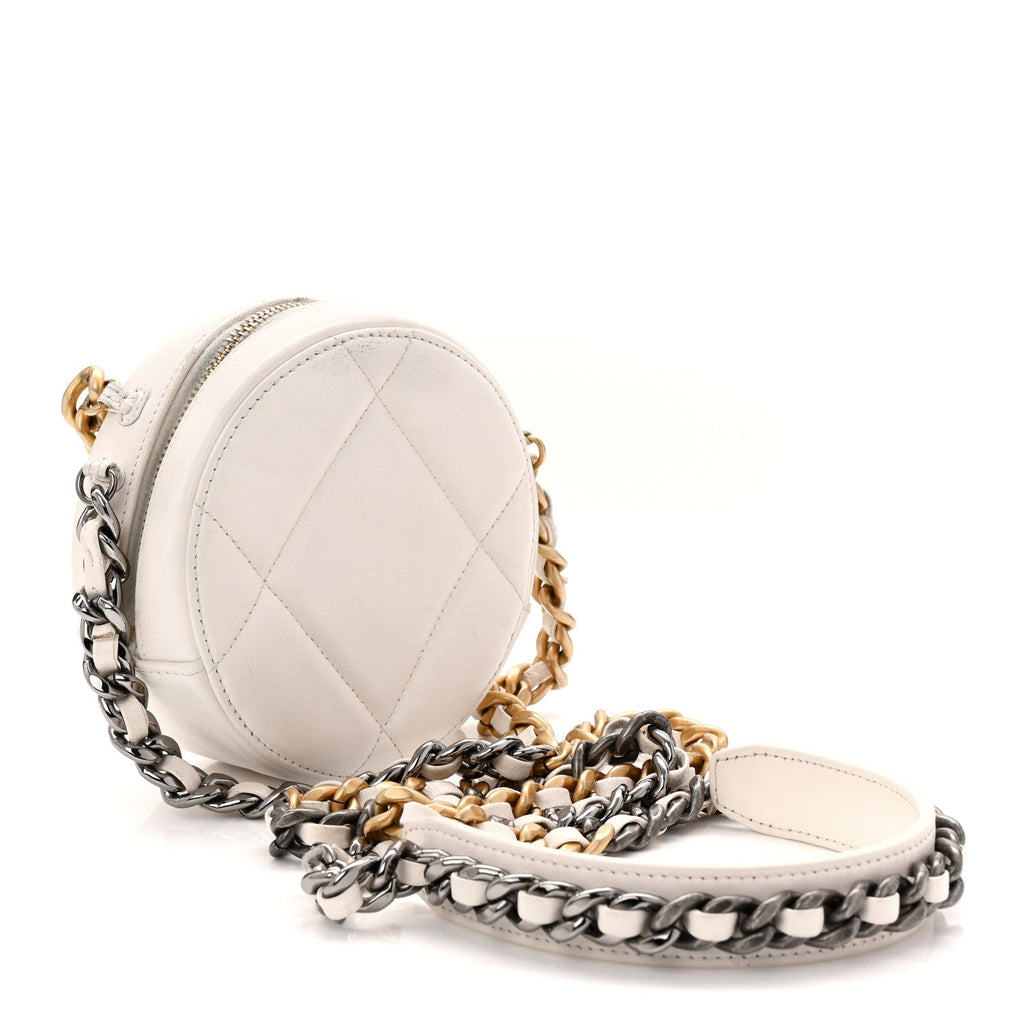 Shiny Goatskin Quilted Chanel 19 Round Clutch With Chain White