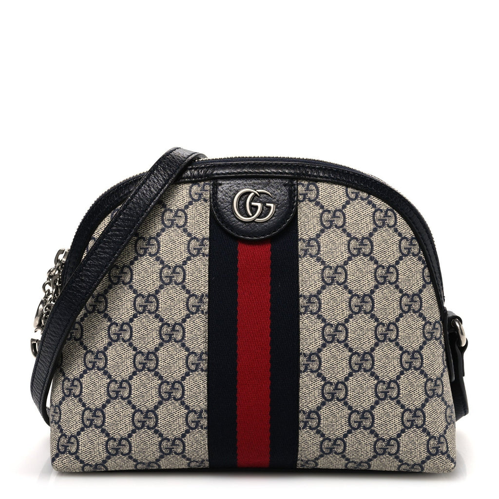 GG Supreme Monogram Textured Dollar Calfskin Web Small Ophidia Dome Shoulder Bag Beige Blue