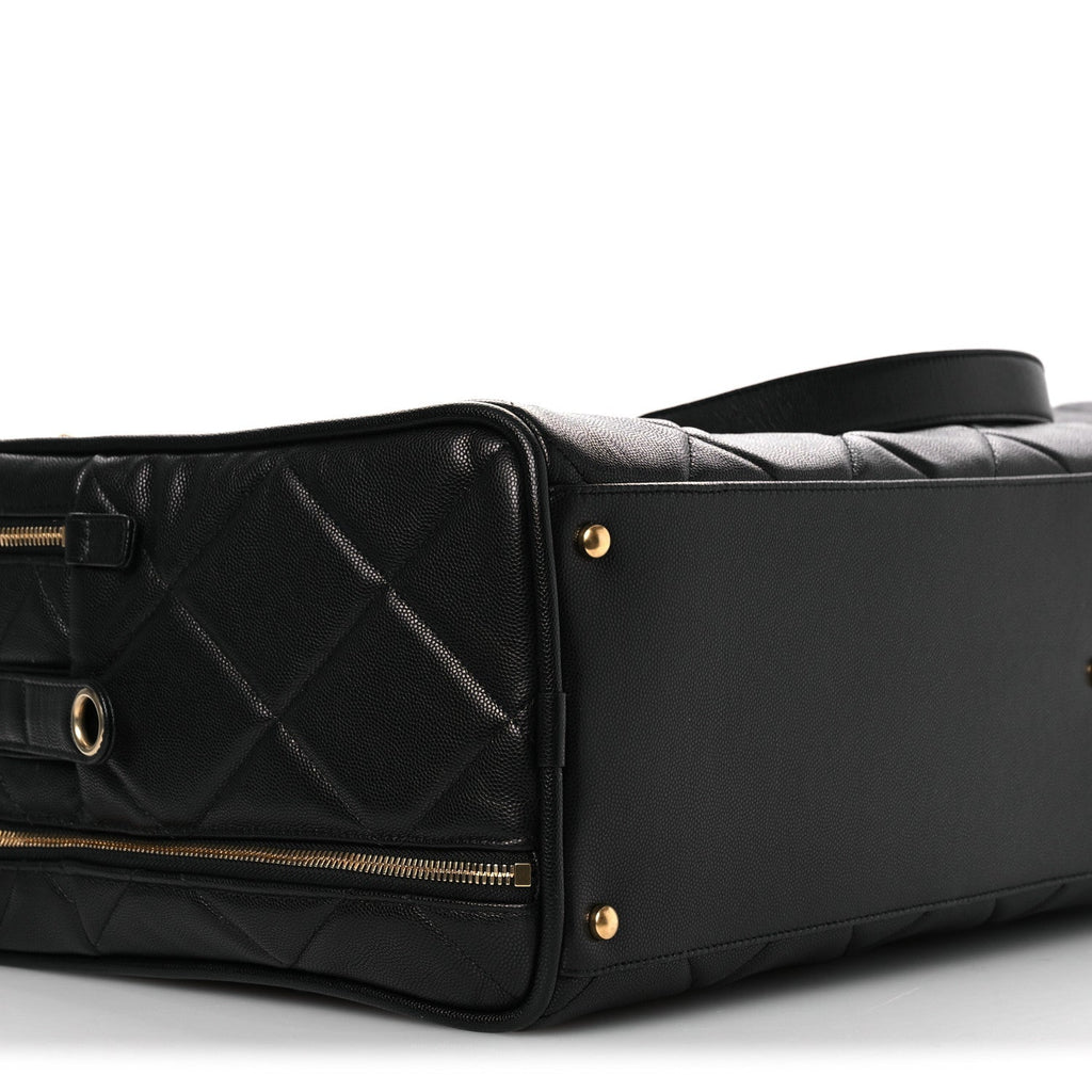 Shiny Grained Calfskin Quilted Large Travel Bowling Bag Black