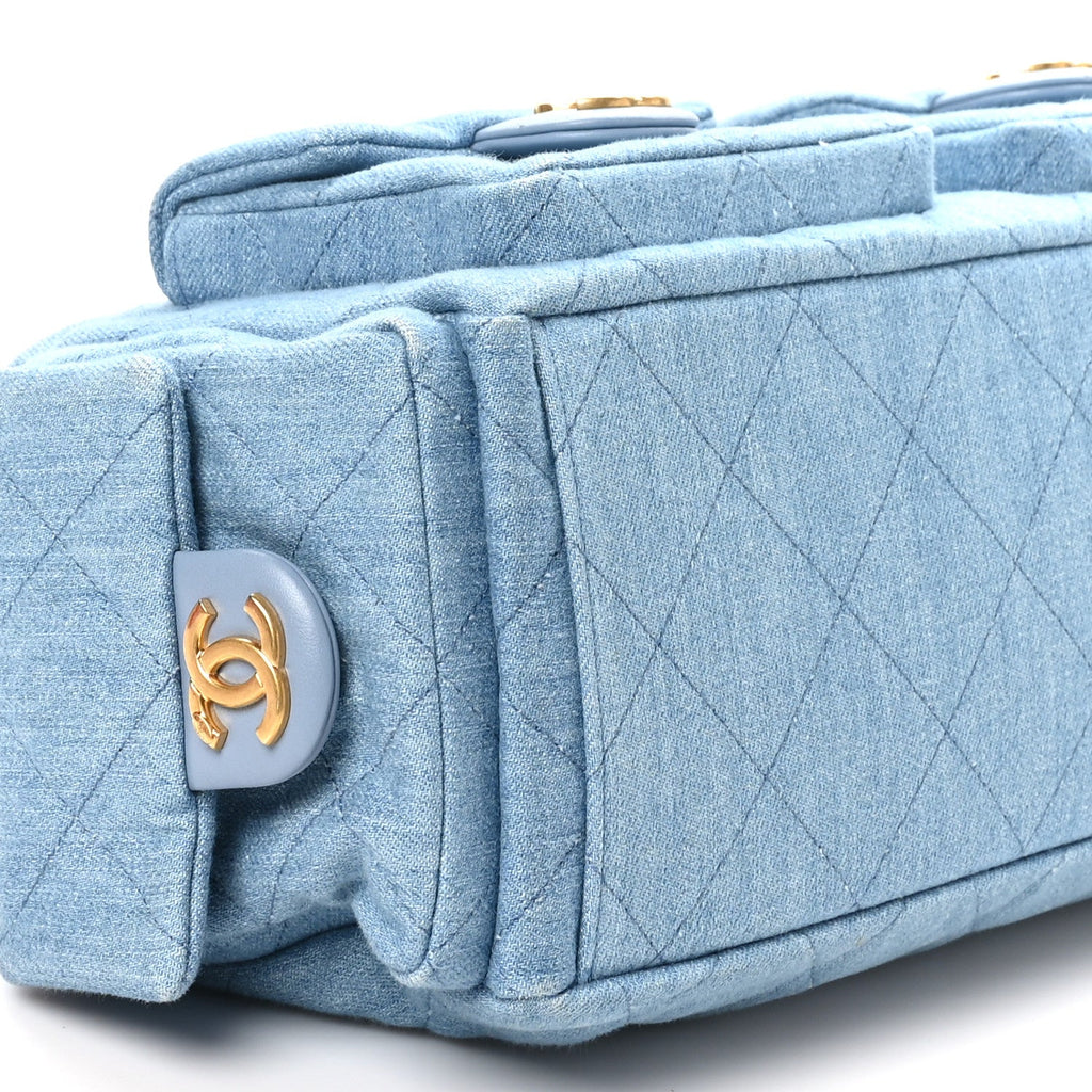 Washed Denim Quilted Large Trendy Pockets Hobo Blue