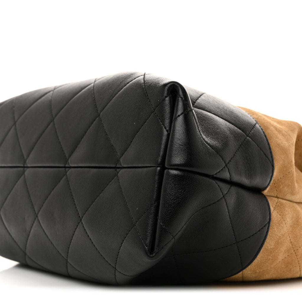 Suede Calfskin Shiny Lambskin Quilted Coco Base Shopping Bag Beige Black
