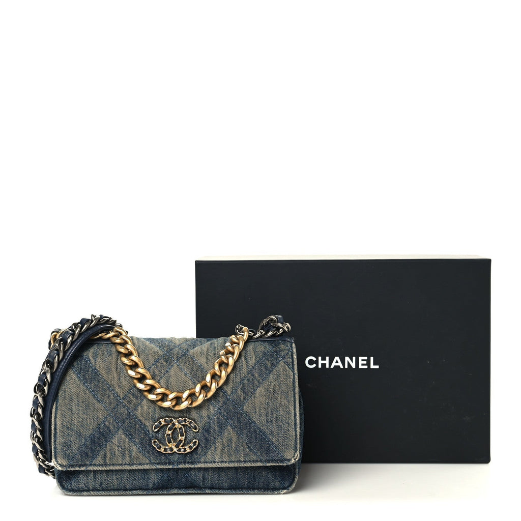 Denim Quilted Chanel 19 Wallet On Chain WOC Blue