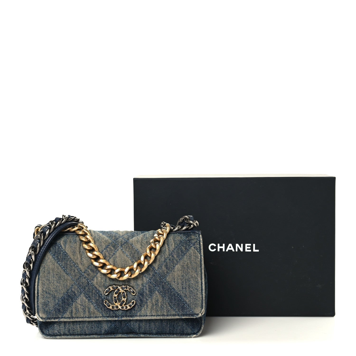 Denim Quilted Chanel 19 Wallet On Chain WOC Blue