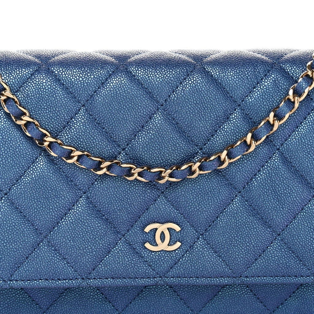 Iridescent Caviar Quilted Wallet on Chain WOC Dark Blue