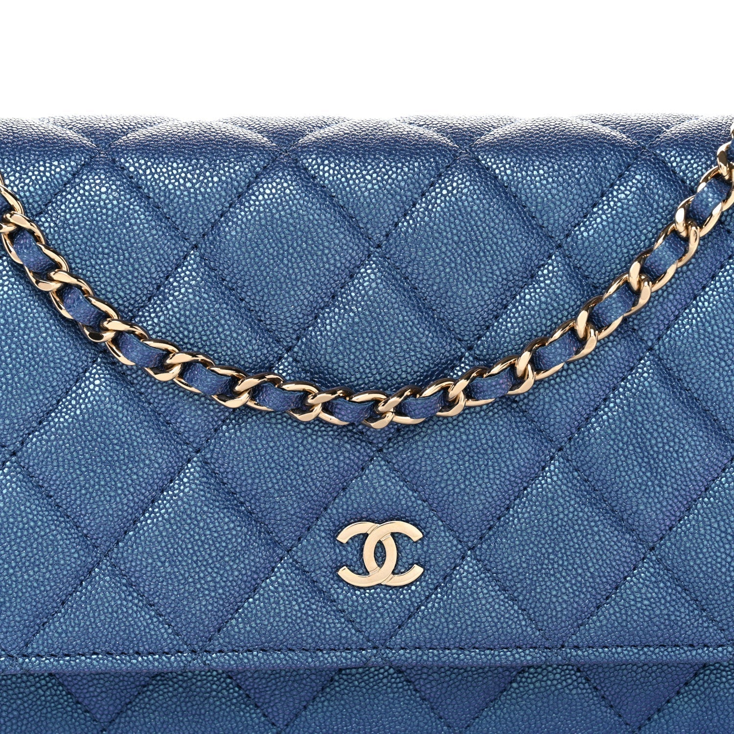 Iridescent Caviar Quilted Wallet on Chain WOC Dark Blue