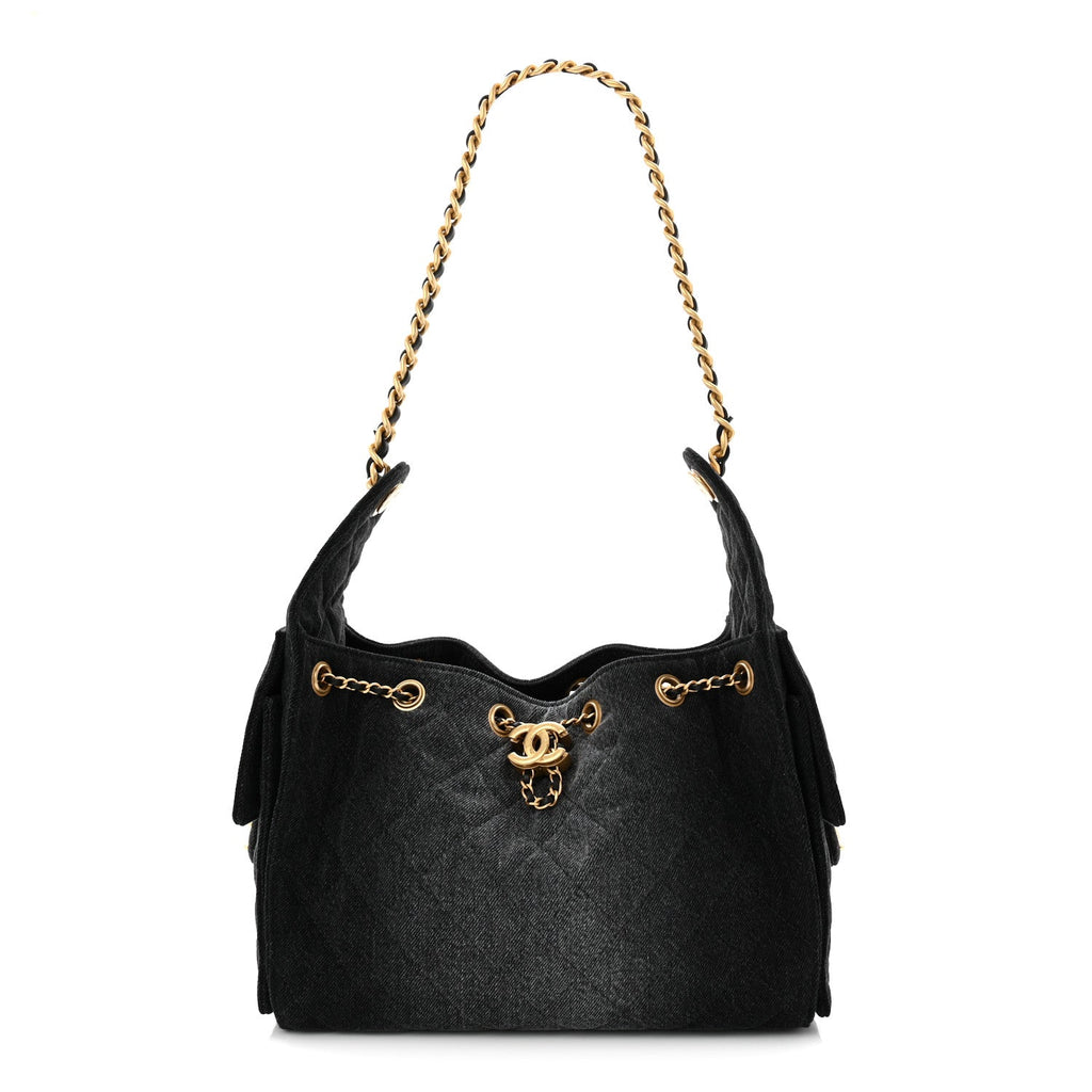 Washed Denim Quilted Small Chanel 25 Handbag Black