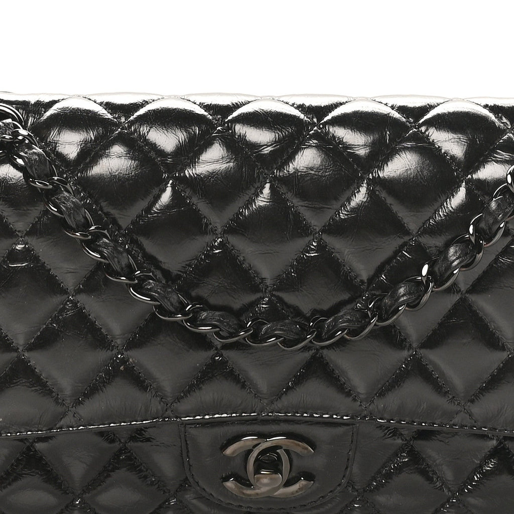 Shiny Crumpled Calfskin Quilted Medium Double Flap So Black