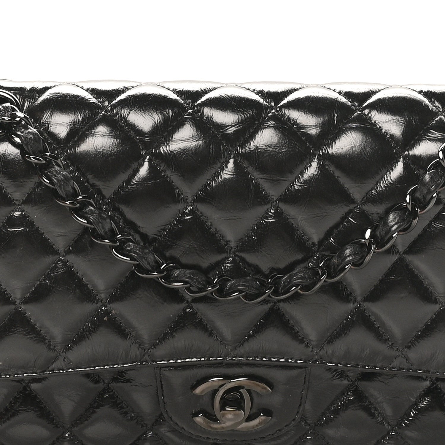 Shiny Crumpled Calfskin Quilted Medium Double Flap So Black
