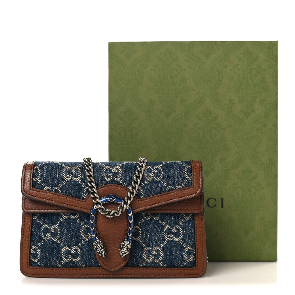 New Denim GG Monogram Dollar Calfskin Enamel Super Mini Dionysus Shoulder Bag Blue Tea Cuir Epilog Electric Blue