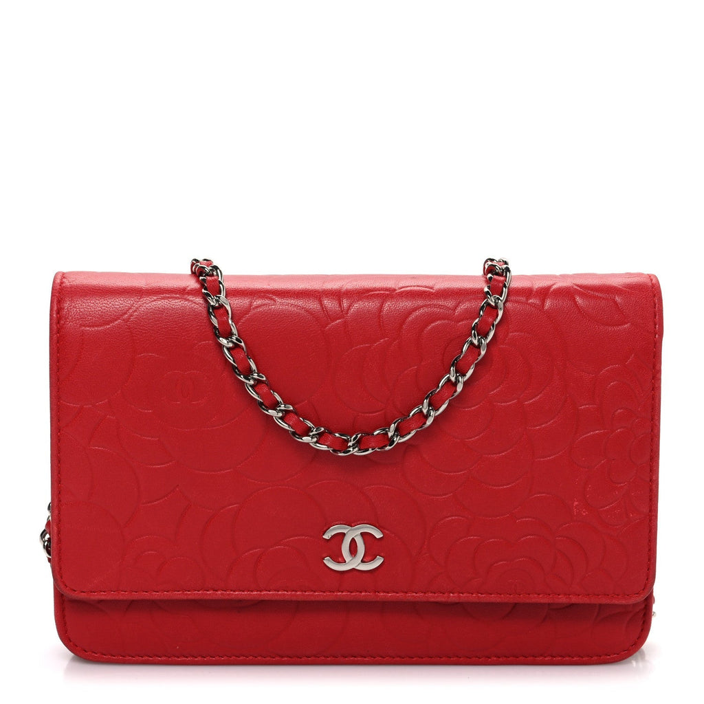 Lambskin Camellia Embossed Wallet on Chain WOC Red