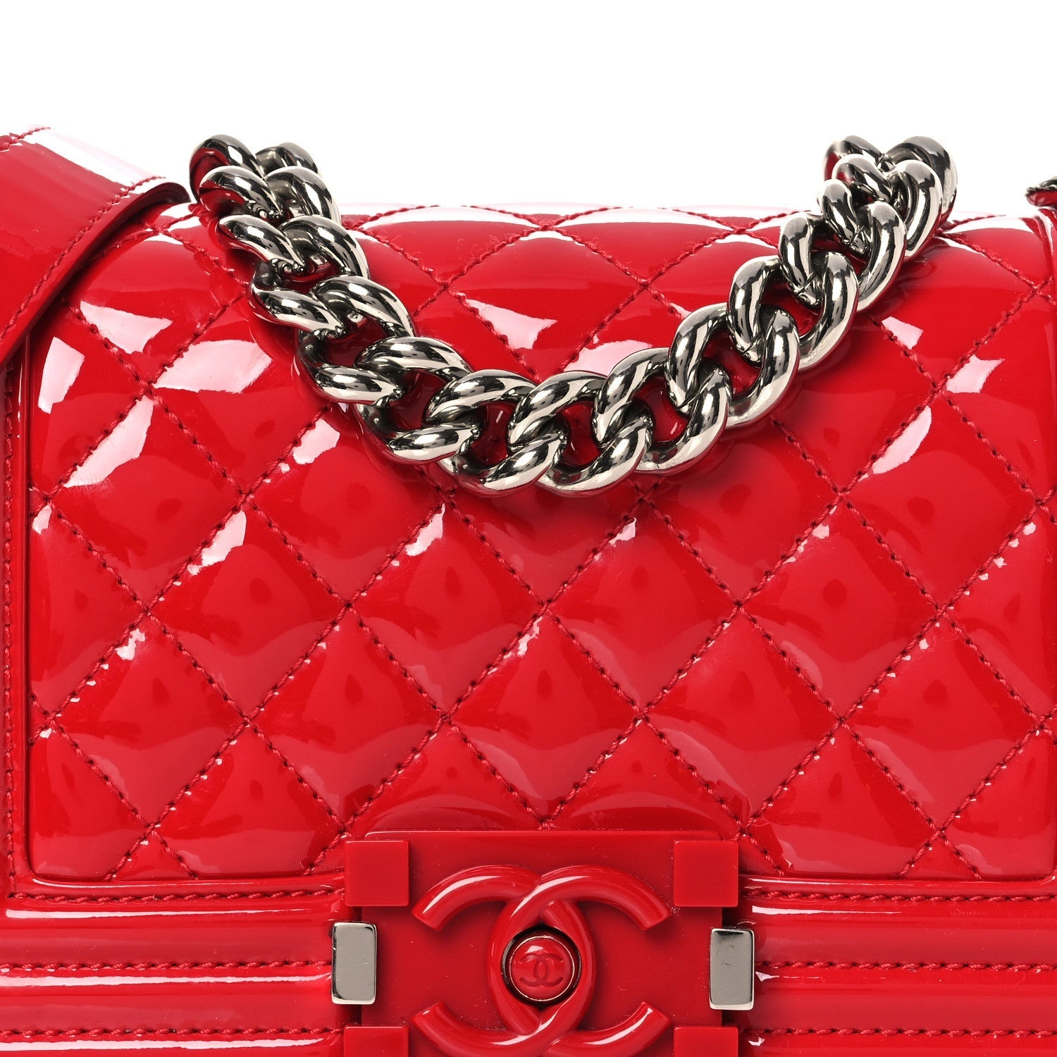 Patent Calfskin Quilted Small Plexiglass Boy Flap Red