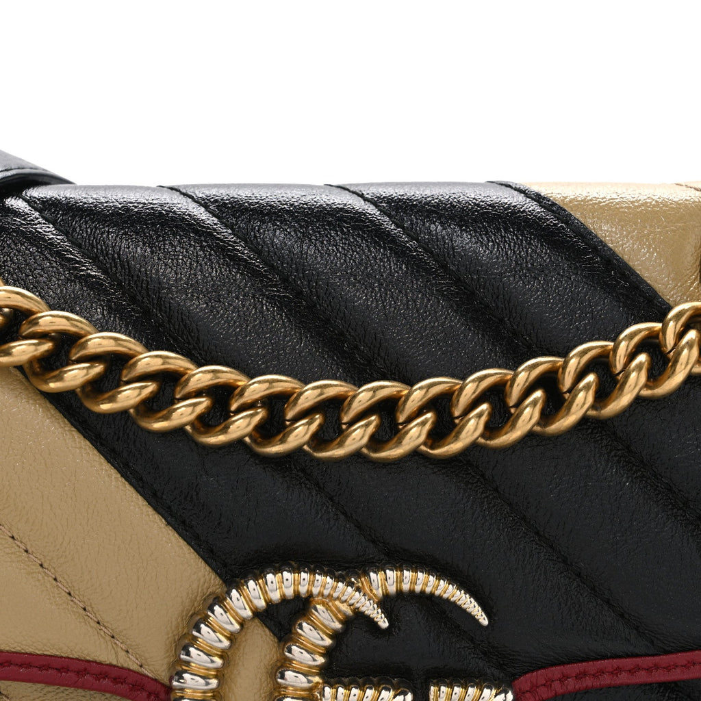 Vintage Effect Calfskin Matelasse Diagonal Striped Mini Torchon GG Marmont Shoulder Bag Black Beige