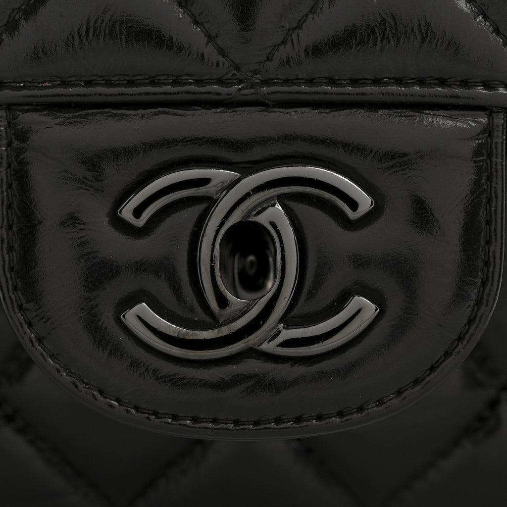 Shiny Crumpled Calfskin Quilted Jumbo Double Flap So Black