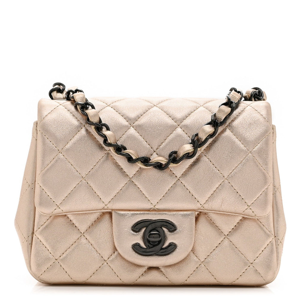 Metallic Lambskin Quilted Mini Square Flap Gold Black