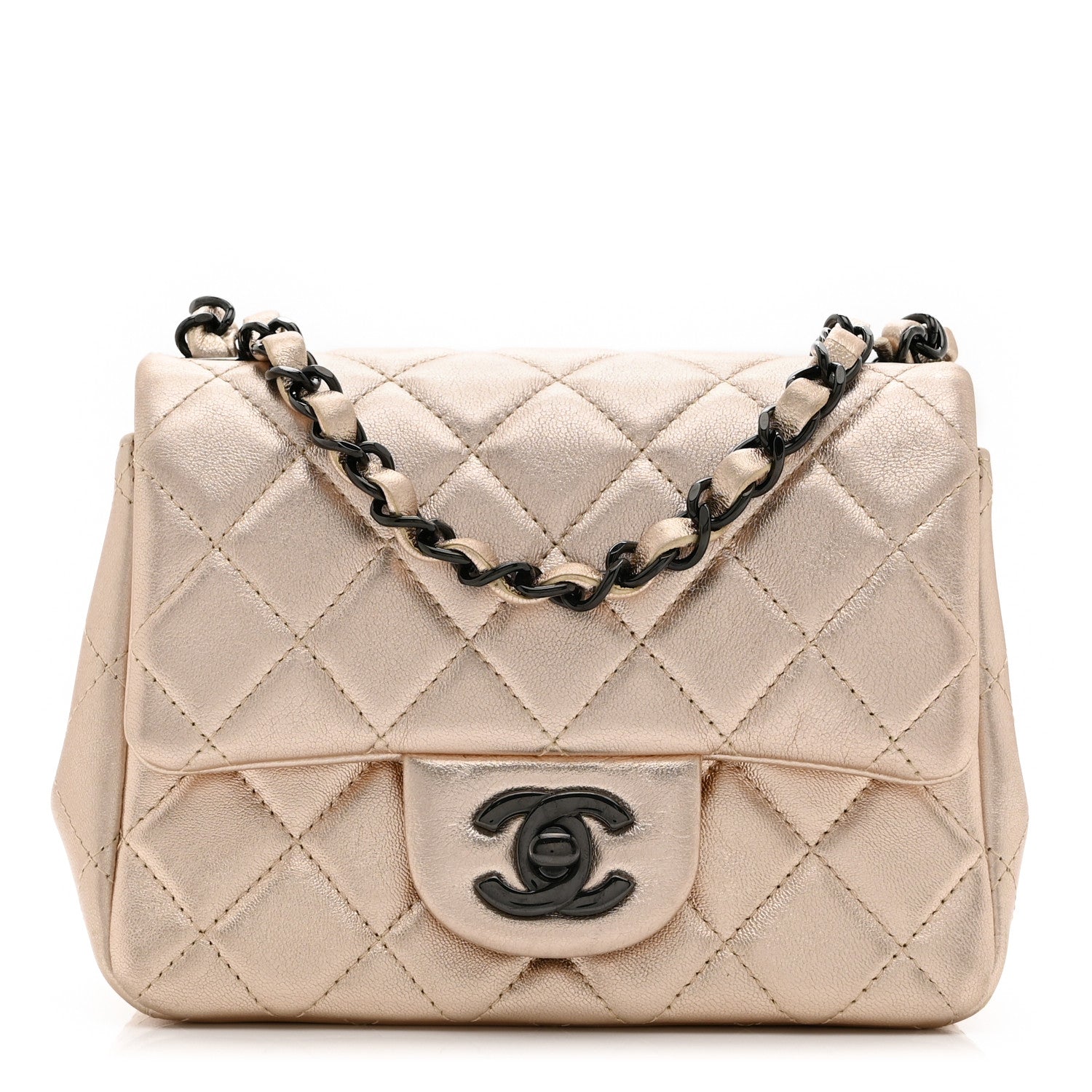 Metallic Lambskin Quilted Mini Square Flap Gold Black