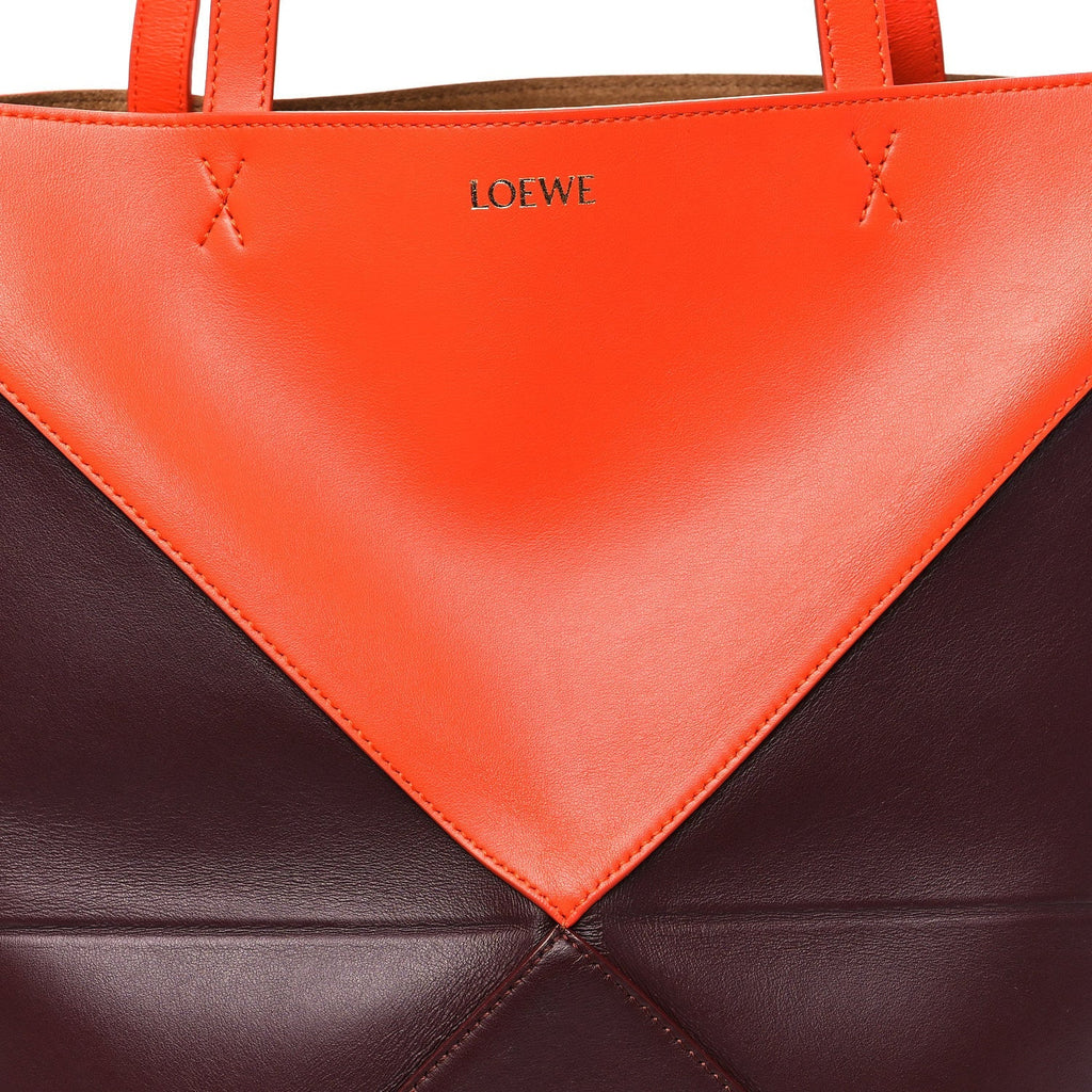 Shiny Calfskin Medium Puzzle Fold Tote Burgundy Orange