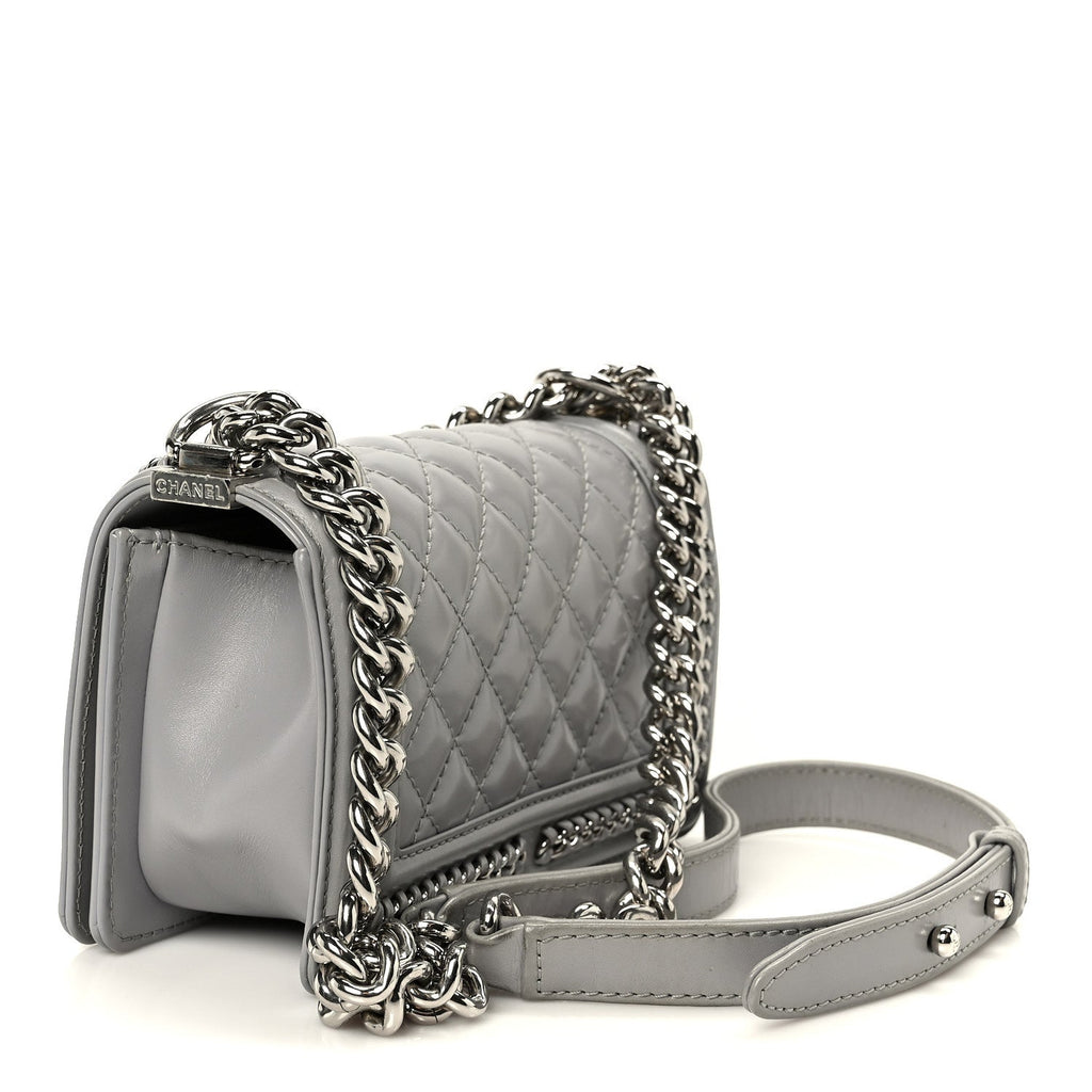 Iridescent Lambskin Quilted Small Chain Around Boy Flap Grey