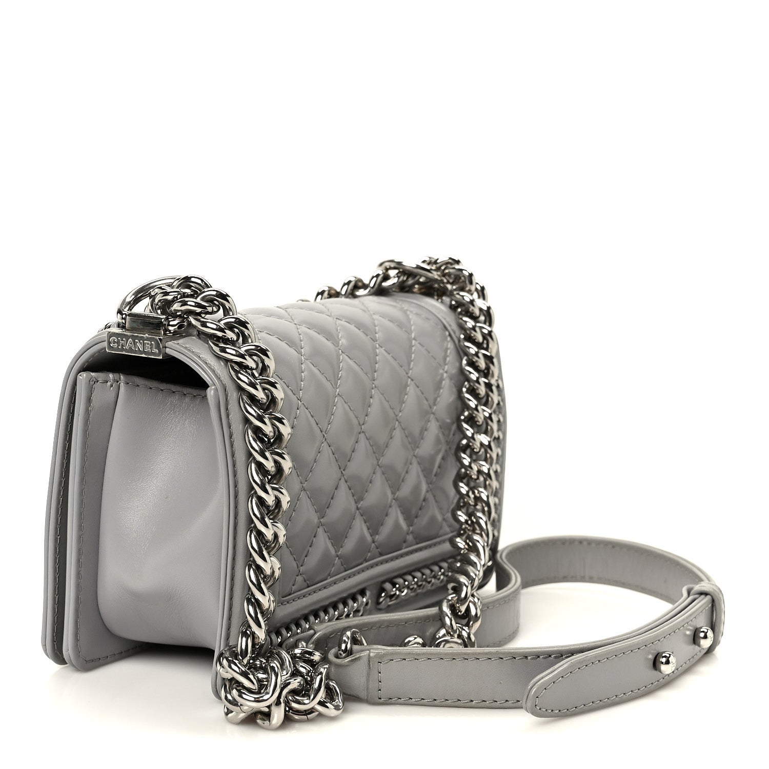 Iridescent Lambskin Quilted Small Chain Around Boy Flap Grey