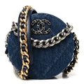 Denim Quilted Chanel 19 Round Clutch With Chain Blue