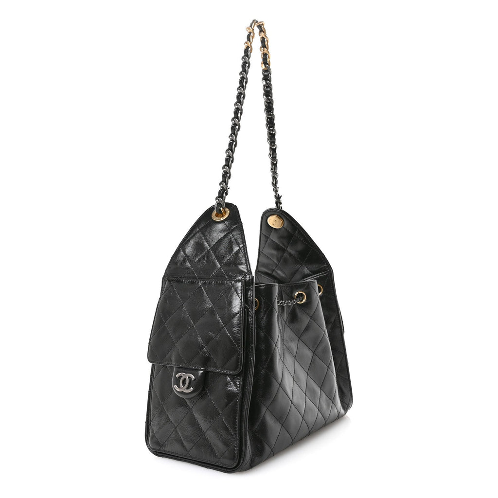 Shiny Crumpled Calfskin Quilted Small Chanel 25 Handbag Black