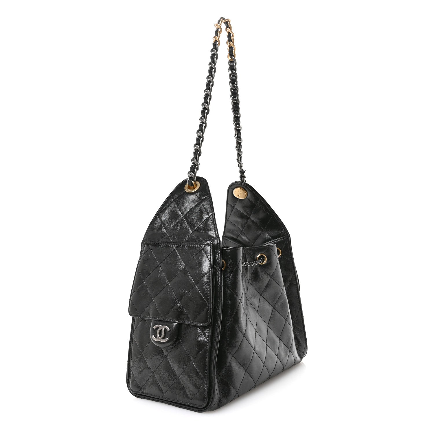 Shiny Crumpled Calfskin Quilted Small Chanel 25 Handbag Black