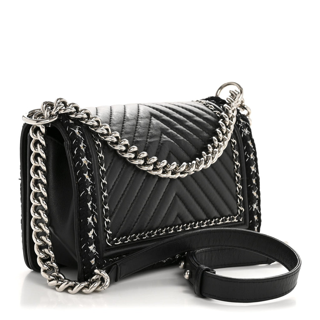 Calfskin Chevron Tweed Medium Boy Flap Black