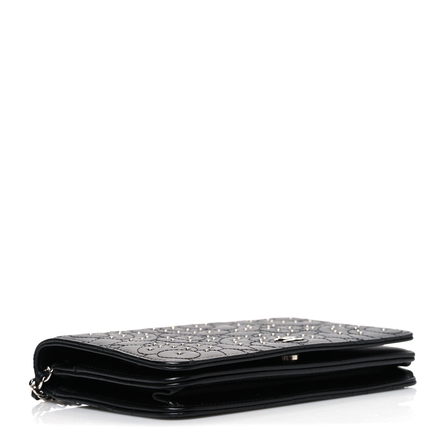 Lambskin Camellia Studded Wallet on Chain WOC Black